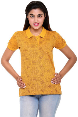 

Colors & Blends Printed Women's Polo Neck Yellow T-Shirt, Mustard