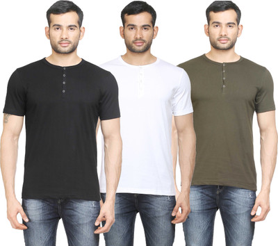 

Poshuis Solid Men' Henley Black, White, Dark Green T-Shirt(Pack of 3, Black;military green;white