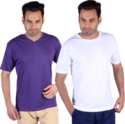 Humbert Solid Men Round Neck Purple, White T-Shirt