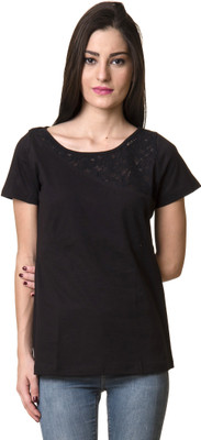 

Rute Solid Women' Round Neck Black T-Shirt