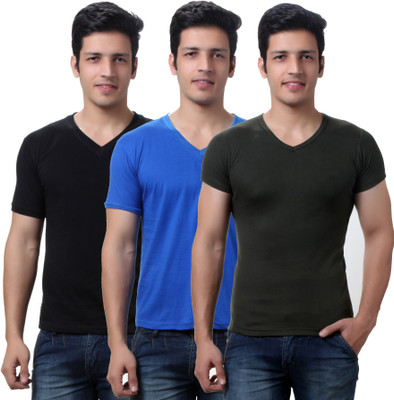 

TeeMoods Solid Men's V-neck Black, Blue, Dark Green T-Shirt(Pack of 3), Black;blue;mehendi