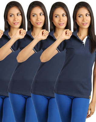 

Campus Sutra Solid Women's Polo Neck Blue T-Shirt(Pack of 4)