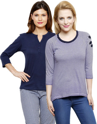 

LimeBerry Striped, Solid Women's Round Neck Purple, Dark Blue T-Shirt(Pack of 2, Dark blue;purple