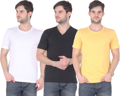 

E'Hiose Solid Men's V-neck Multicolor T-Shirt(Pack of 3, Black_v;white_r;yellow_r
