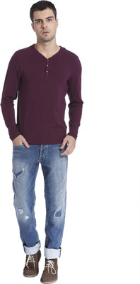 Jack & Jones Solid Men Henley Purple T-Shirt at flipkart