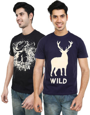 

Algotton Graphic Print Men's Round Neck Black, Dark Blue T-Shirt(Pack of 2