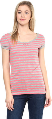 

Ajile by Pantaloons Striped Women's Round Neck Grey T-Shirt, Grey melange