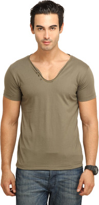 

Fio Solid Men' V-neck Brown T-Shirt