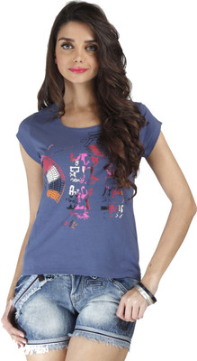 

Chlorophile Printed Women's Round Neck Blue T-Shirt, Pacific blue