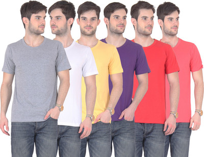 

E'Hiose Solid Men's Round Neck Multicolor T-Shirt(Pack of 6, Gajri;grey;purple;red;white;yellow