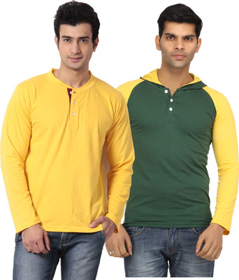 

Leana Solid Men's Hooded Yellow, Green T-Shirt(Pack of 2, Green;yellow