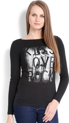 

Ten on Ten Printed Women's Round Neck Black T-Shirt