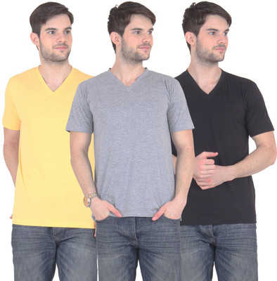 

E'Hiose Solid Men' V-neck Multicolor T-Shirt(Pack of 3, Black;grey;yellow