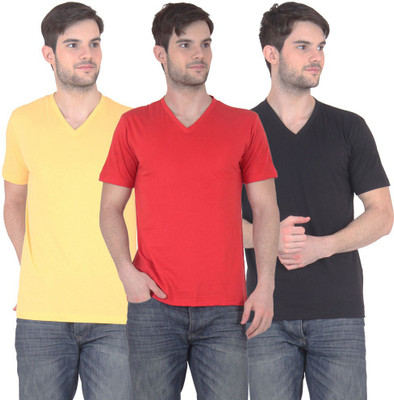 

FnMe Solid Men' V-neck Multicolor T-Shirt(Pack of 3, Black;red;yellow