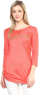 

Ajile by Pantaloons Graphic Print Women's Round Neck Orange T-Shirt, Orange melange