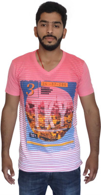 

Uniqe Printed Men's V-neck Pink T-Shirt
