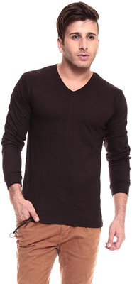 

Izinc Solid Men's V-neck Brown T-Shirt
