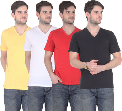 

E'Hiose Solid Men' V-neck Multicolor T-Shirt(Pack of 4, Black;red;white;yellow