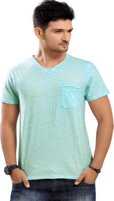 

Stephen Armor Solid Men' V-neck Blue T-Shirt