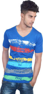 Spur Printed Men V-neck Blue T-Shirt