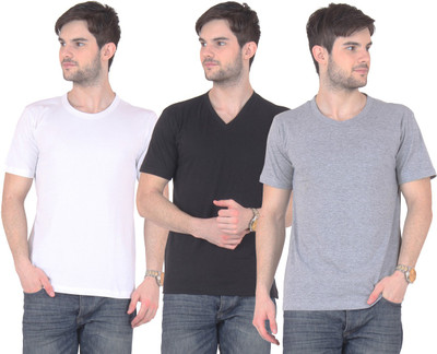

E'Hiose Solid Men's V-neck Multicolor T-Shirt(Pack of 3, Black_v;grey_r;white_r