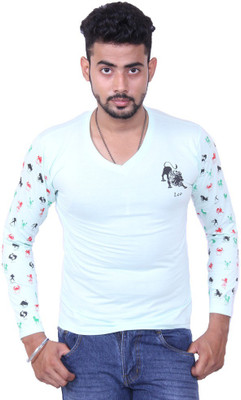 Austrich Printed Men V-neck Green T-Shirt