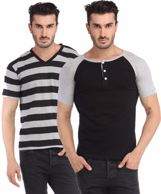 Leana Striped Men' Henley Multicolor T-Shirt(Pack of 2