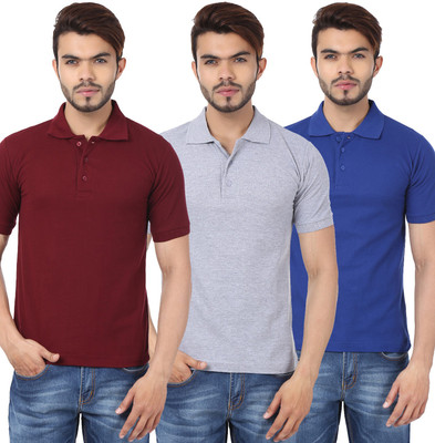 

Weardo Solid Men's Polo Neck Maroon, Blue, Grey T-Shirt(Pack of 3), Blue;grey;maroon