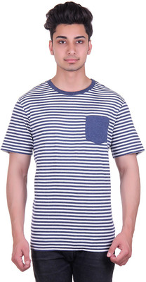 

Urban Street Solid, Striped Men's Round Neck Blue, White T-Shirt