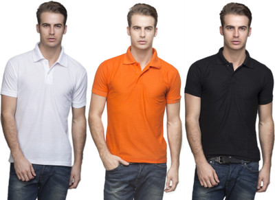 Lambency Solid Men's Polo Neck White, Orange, Black T-Shirt(Pack of 3, Black;orange;white