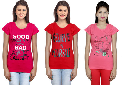 Indistar Printed Women Round Neck Red, Pink T-Shirt