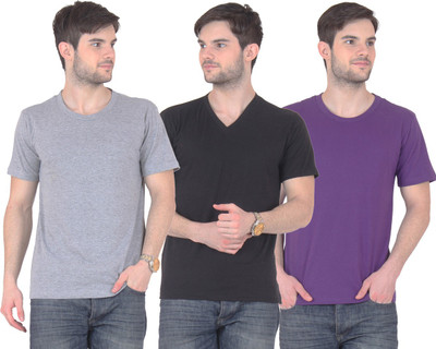 

E'Hiose Solid Men' V-neck Multicolor T-Shirt(Pack of 3, Black_v;grey_r;purple_r