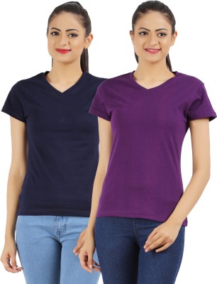 Ap'pulse Solid Women V Neck Purple, Dark Blue T-Shirt