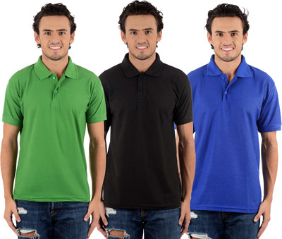 

Blaze Solid Men's Polo Neck Multicolor T-Shirt(Pack of 3, Black;light green;royal blue