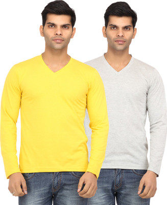 Leana Solid Men's V-neck Yellow, Grey T-Shirt(Pack of 2, Grey;yellow