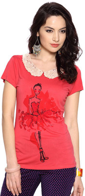 

Honey By Pantaloons Graphic Print Women's Round Neck Pink T-Shirt, Coral