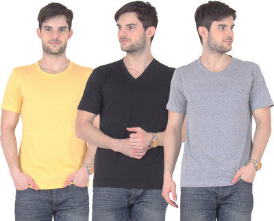 

E'Hiose Solid Men's V-neck Multicolor T-Shirt(Pack of 3, Black_v;grey_r;yellow_r