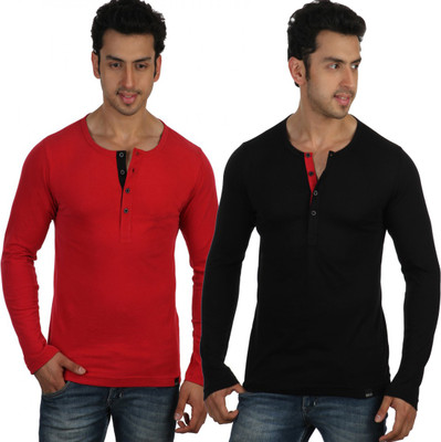 

Rigo Solid Men's Henley Red, Black T-Shirt(Pack of 2), Black;red