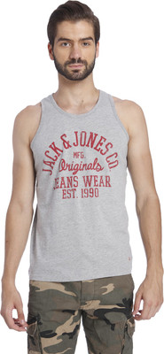 

Jack & Jones Graphic Print Men's Round Neck Grey T-Shirt, Light grey melange