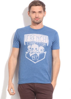 

French Connection Printed Men's Round Neck Blue T-Shirt, Delft