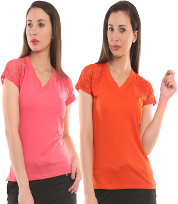 

Ultra Fit Solid Women's V-neck Pink, Orange T-Shirt(Pack of 2), Orange;pink