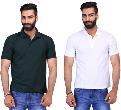 

Fuego Solid Men's Polo Neck Dark Green, White T-Shirt(Pack of 2