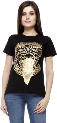 

Fugazee Lifestyle Printed Women's Round Neck Black T-Shirt, Gold foil print
