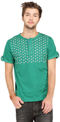 

Campus Sutra Printed Men Henley Green T-Shirt, Bottle green