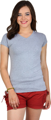 

SayItLoud Solid Women's V-neck Grey T-Shirt