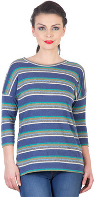 

Hypernation Striped Women's Round Neck Blue, Green T-Shirt