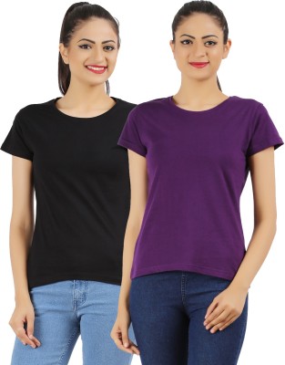 Ap'pulse Solid Women Round Neck Purple, Black T-Shirt