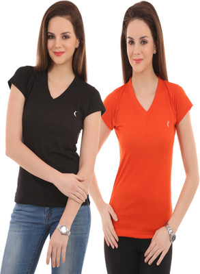 

Ultra Fit Solid Women's V-neck Black, Red T-Shirt(Pack of 2)