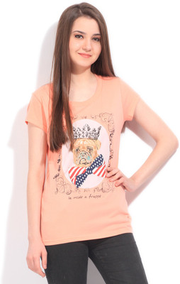 

Flying Machine Printed Women' Round Neck Orange T-Shirt, Pink