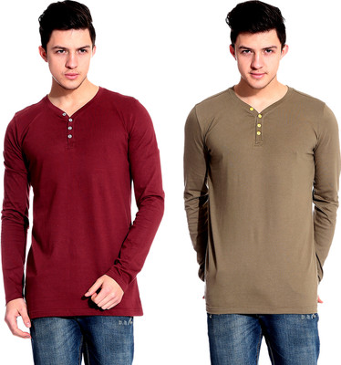 

Lemon & Vodka Solid Men' Henley Maroon, Brown T-Shirt(Pack of 2